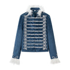 Women's Military Inspired Velvet Jacket with Decorative Cords, Feather Trim and Decorative Buttons Fashion Glam