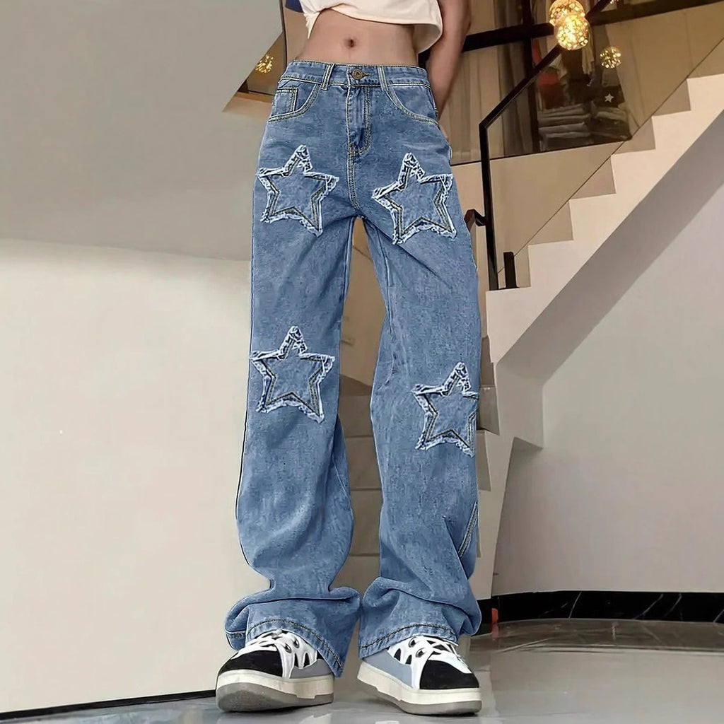 Women's extra-wide baggy jeans made of lightweight denim with star appliqués and extended silhouette Fashion Glam