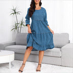 Women's tiered ruffle denim midi dress with elbow-length sleeves and gathered empire waist Fashion Glam