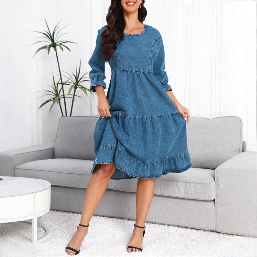 Women's tiered ruffle denim midi dress with elbow-length sleeves and gathered empire waist Fashion Glam
