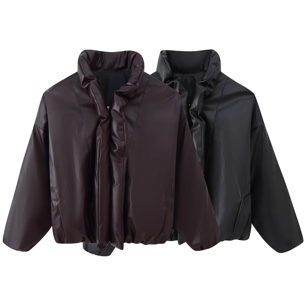 Women Oversized Faux Leather Blouson with Voluminous Stand Collar and Elastic Hem Fashion Glam