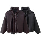 Women Oversized Faux Leather Blouson with Voluminous Stand Collar and Elastic Hem Fashion Glam
