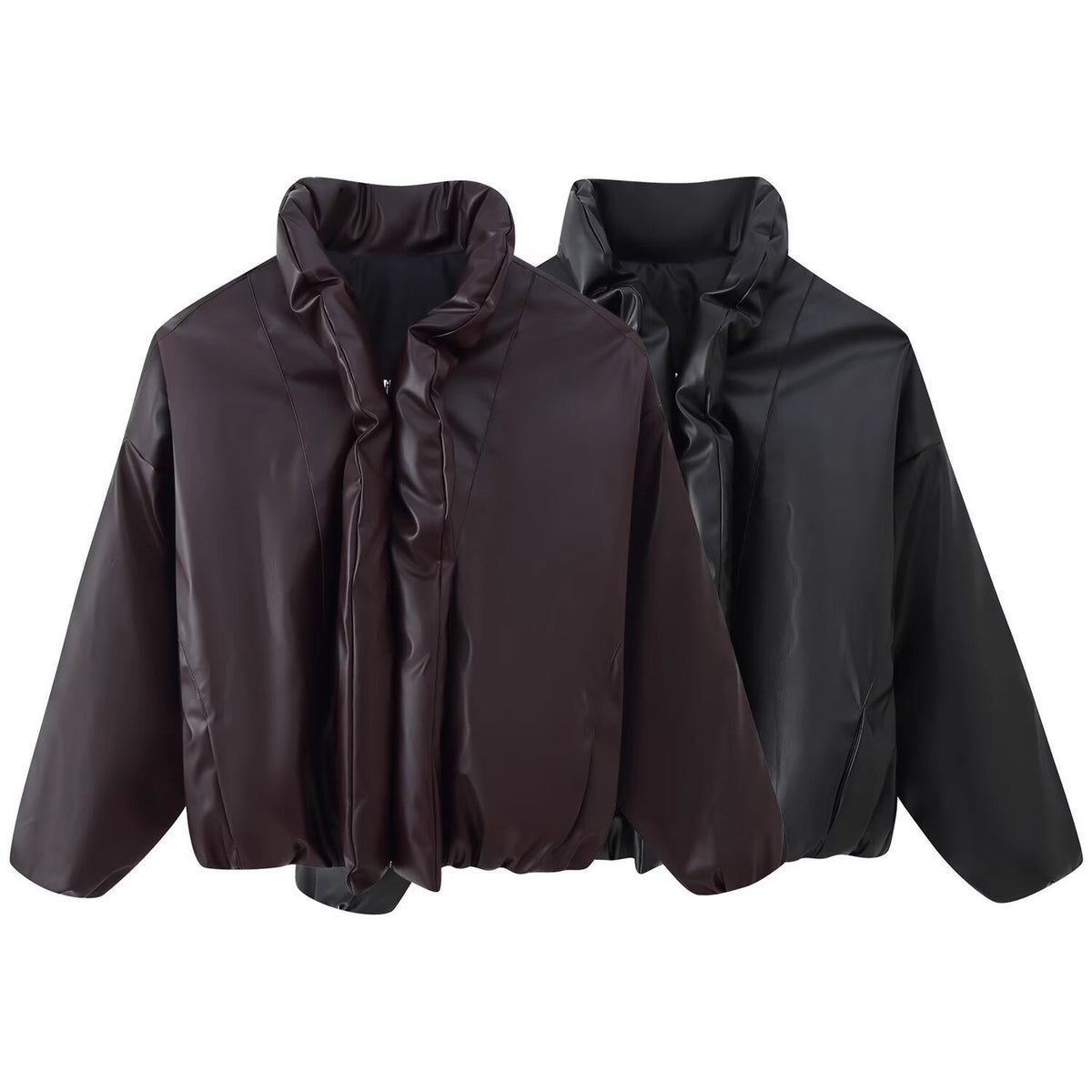 Women Oversized Faux Leather Blouson with Voluminous Stand Collar and Elastic Hem Fashion Glam