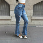 Ladies high-waisted flared jeans with bead appliqué, destroyed effects and frayed hem Fashion Glam