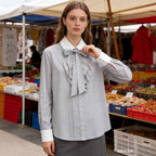 Ladies Striped Blouse with Bow Collar, Ruffle Front and Contrast Cuffs Fashion Glam