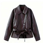 Women's short jacket made of faux leather with a belted waist and shirt collar Fashion Glam