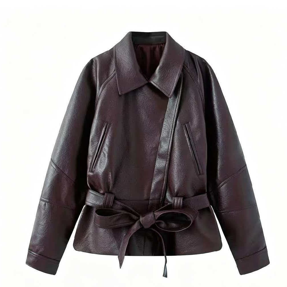 Women's short jacket made of faux leather with a belted waist and shirt collar Fashion Glam