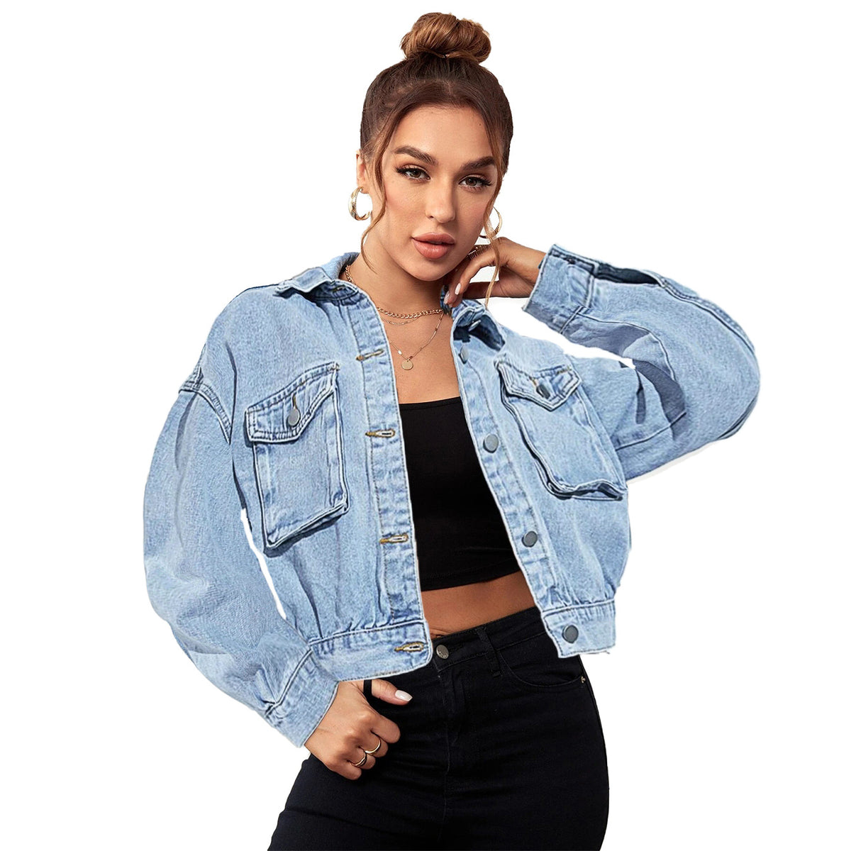 Women Cropped Boxy Denim Jacket with Patch Chest Pockets and Short Hem Fashion Glam