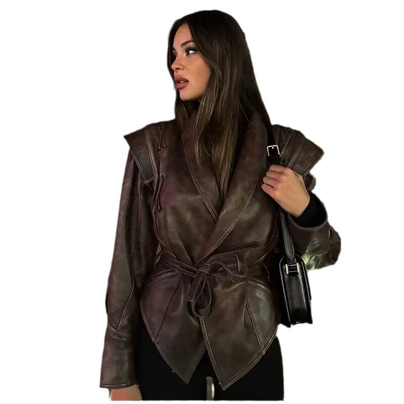 Women's Wrap Leather Jacket with Highlighted Shoulders and Waist Belt Fashion Glam