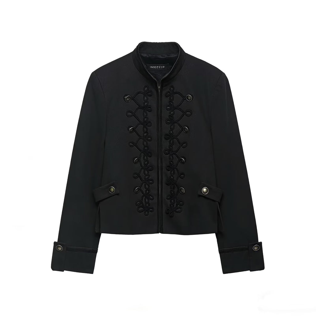 Women's Cropped Military Jacket with Standing Collar and Decorative Cord Application Fashion Glam