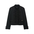 Women's Cropped Military Jacket with Standing Collar and Decorative Cord Application Fashion Glam