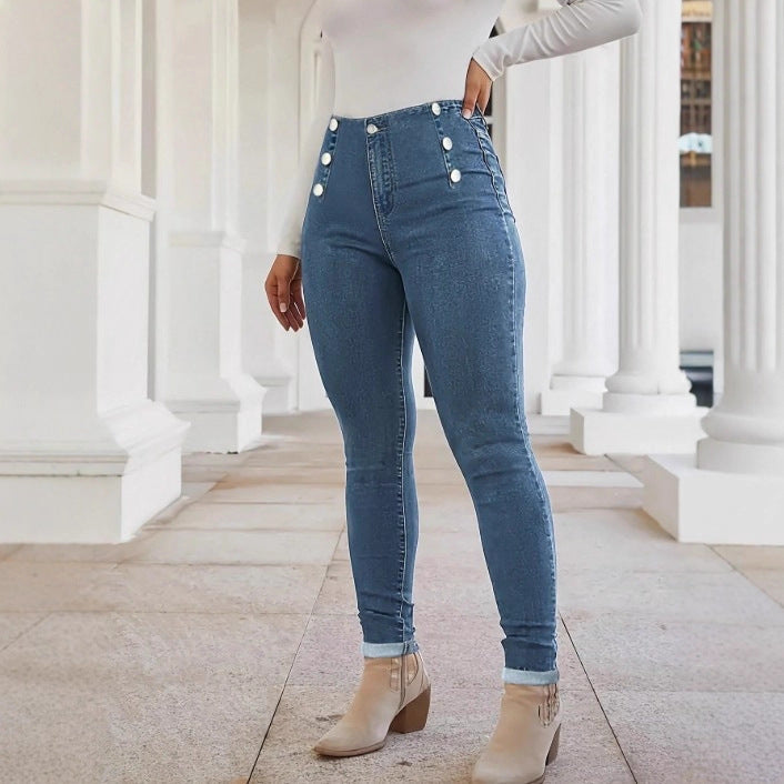 Women's High-waisted, figure-shaping Skinny Jeans with double decorative button placket Fashion Glam