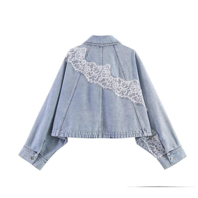 Women cropped denim jacket with lace trim and dropped shoulder Fashion Glam