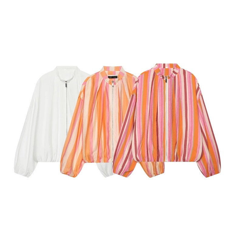 Women Oversize Lightweight Bomber Jacket made of striped woven fabric with standing collar, zipper, and elastic hem Fashion Glam