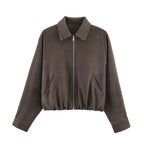 Women's short velor bomber jacket with shirt collar, zipper and elastic hem Fashion Glam