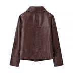 Women's Oversize Faux Leather Bomber Jacket with Round Collar and Distinctive Seam Details Fashion Glam