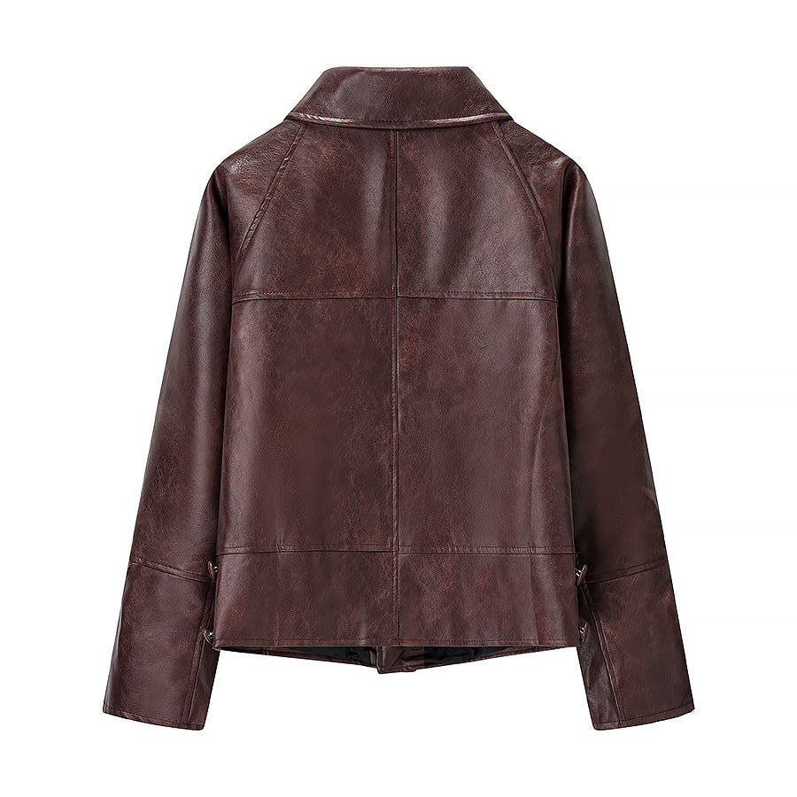 Women's Oversize Faux Leather Bomber Jacket with Round Collar and Distinctive Seam Details Fashion Glam
