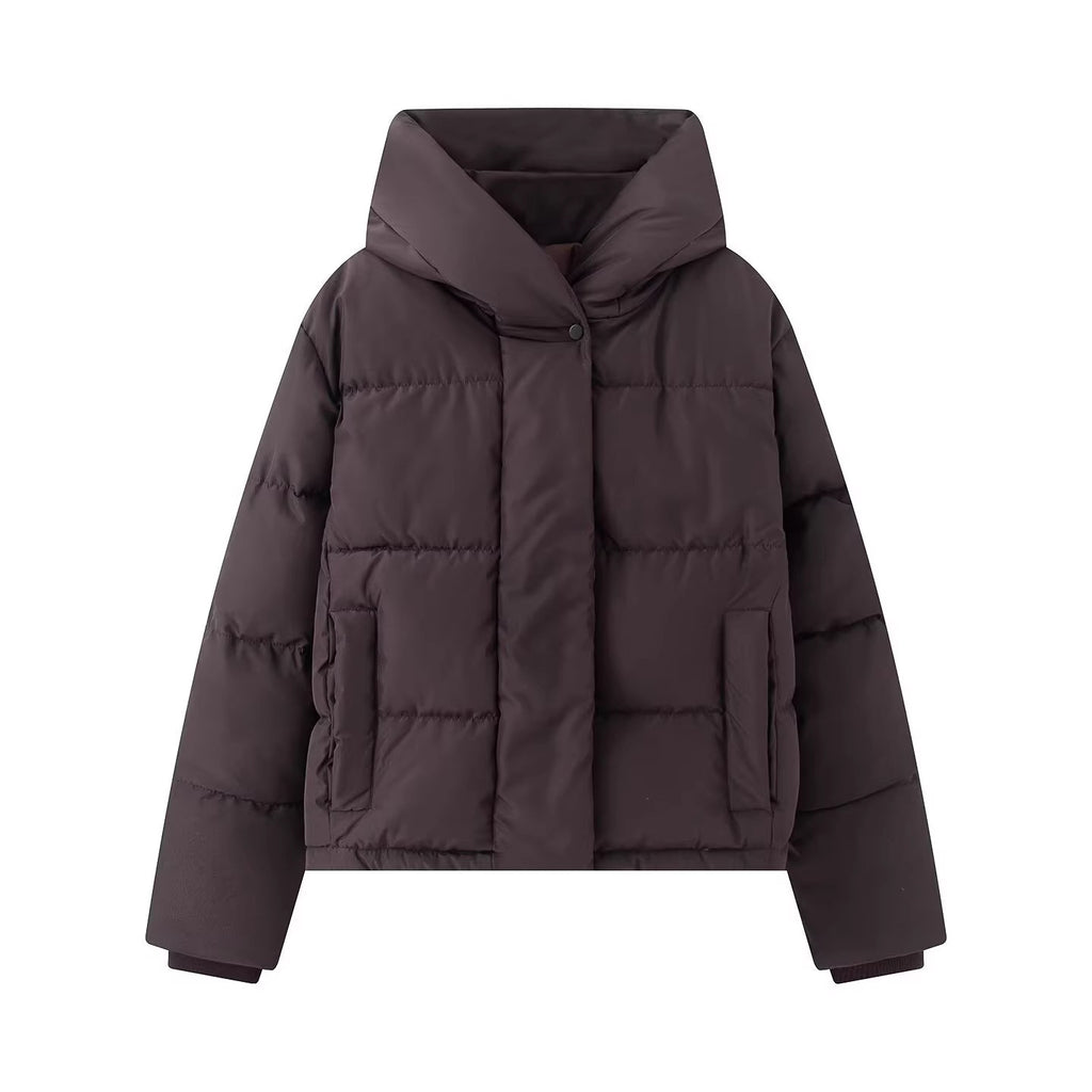 Women's short quilted puffer jacket with high stand-up collar and concealed button placket Fashion Glam
