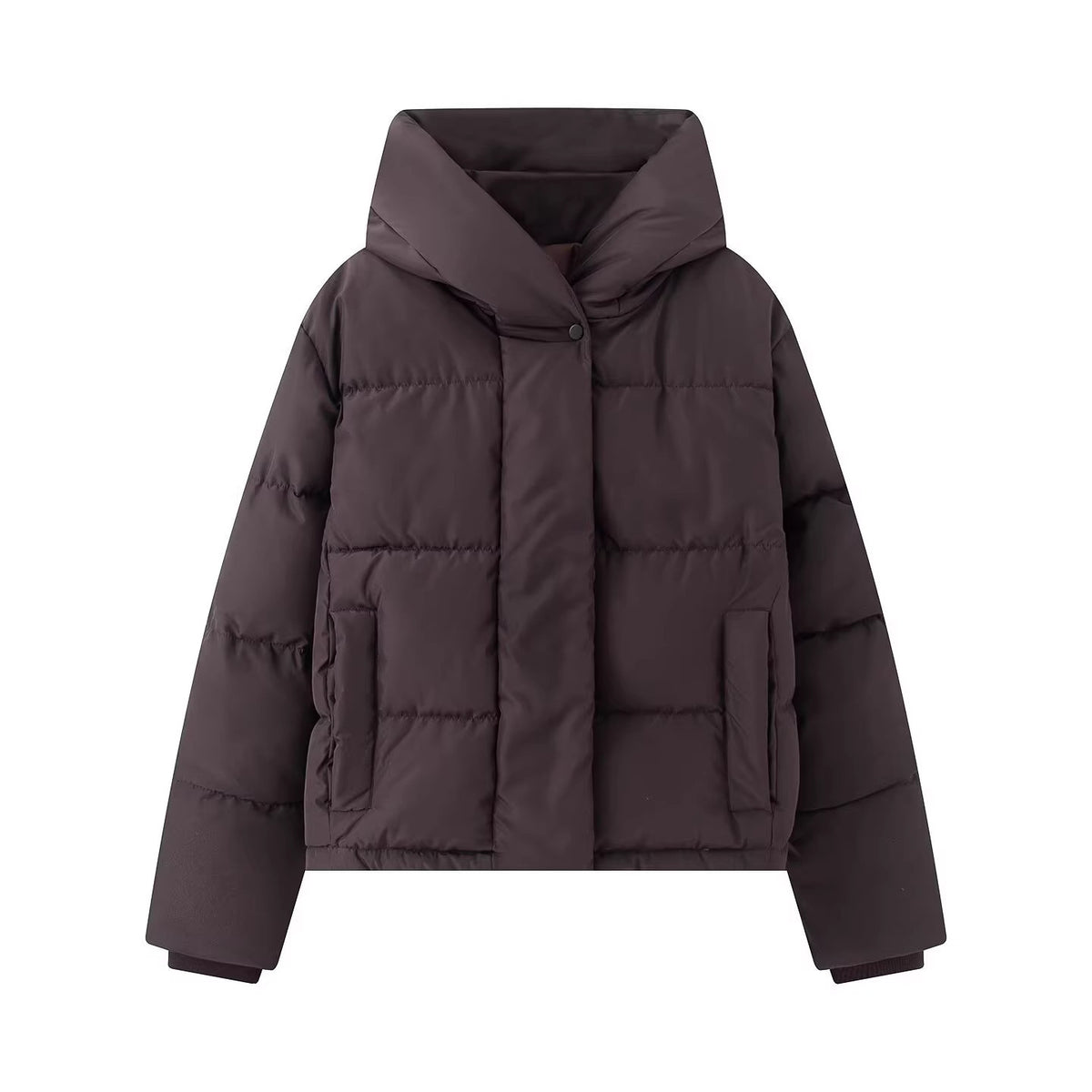 Women's short quilted puffer jacket with high stand-up collar and concealed button placket Fashion Glam