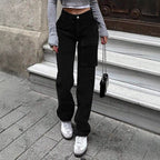 Women's cargo denim pants with large thigh pocket and wide straight-leg Fashion Glam