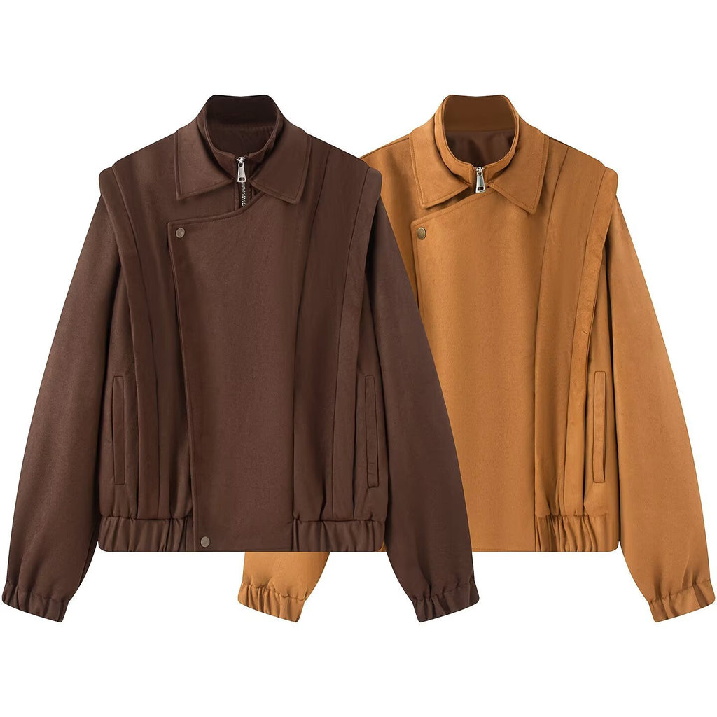 Women's short bomber-style jacket with stand-up collar and asymmetrical snap button placket Fashion Glam