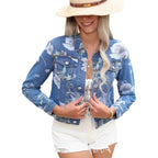 Women's floral print denim jacket cropped with tailored fit and flap pockets Fashion Glam
