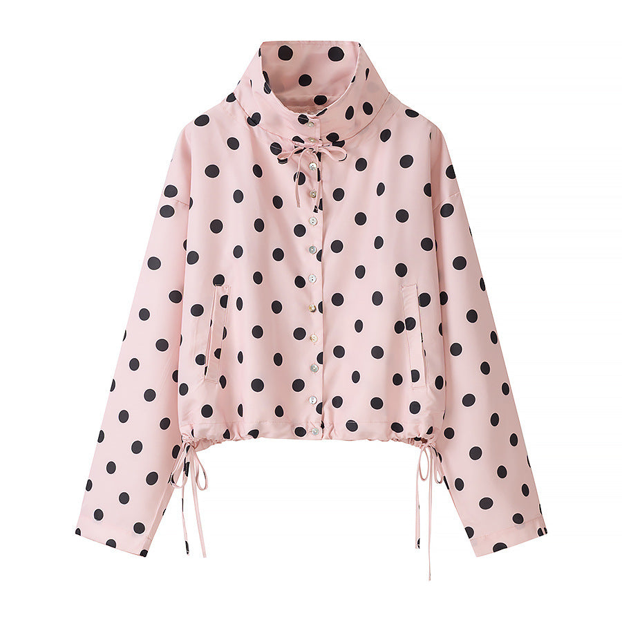 Women's Lightweight Polka Dot Wind Jacket with Stand-Up Collar and Drawstring Fashion Glam