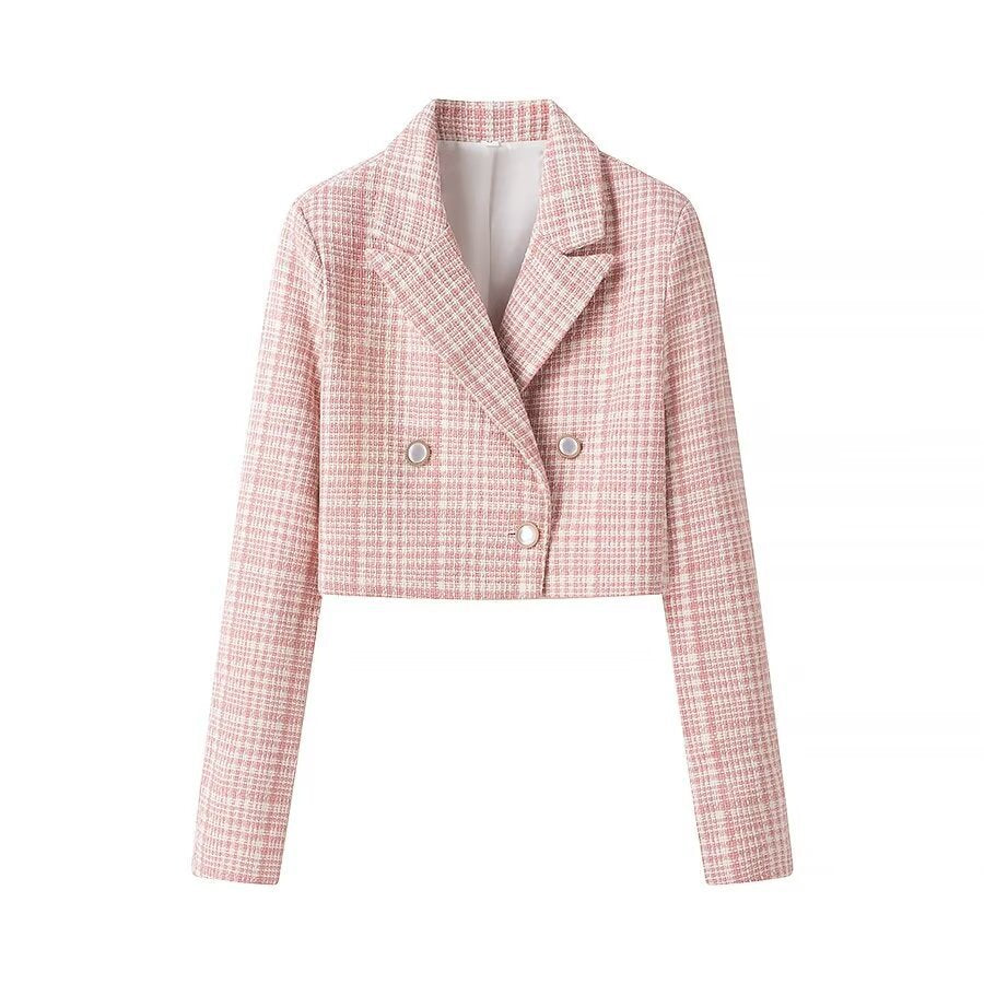 Women's Short Cut Boucle Blazer with Double Breasted Decorative Button Placket and Textured Weave Look Fashion Glam