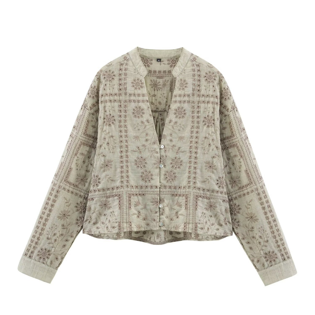 Ladies Embroidered V-Neck Boxy Blouse Jacket with Patchwork Embroidery Fashion Glam