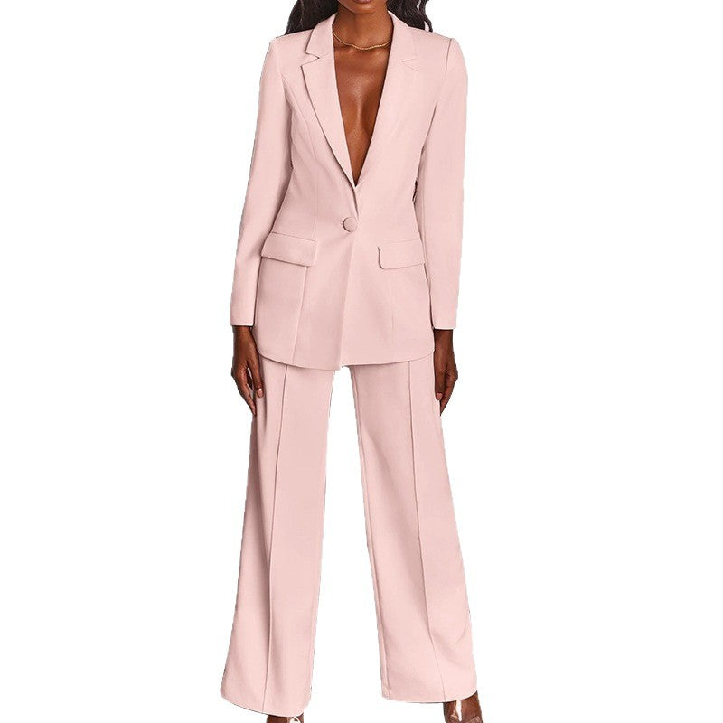 Ladies Elegant Two-Piece Suit with Tailored Long Blazer and Wide Pleated Pant Leg Fashion Glam