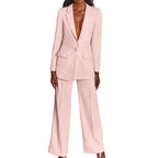Ladies Elegant Two-Piece Suit with Tailored Long Blazer and Wide Pleated Pant Leg Fashion Glam