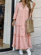 Women's Long Tiered Ruffle Maxi Dress with Tied Scarf and V-Neck Fashion Glam