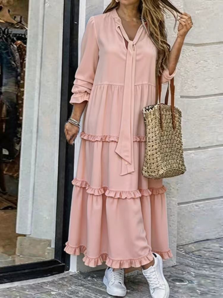 Women's Long Tiered Ruffle Maxi Dress with Tied Scarf and V-Neck Fashion Glam