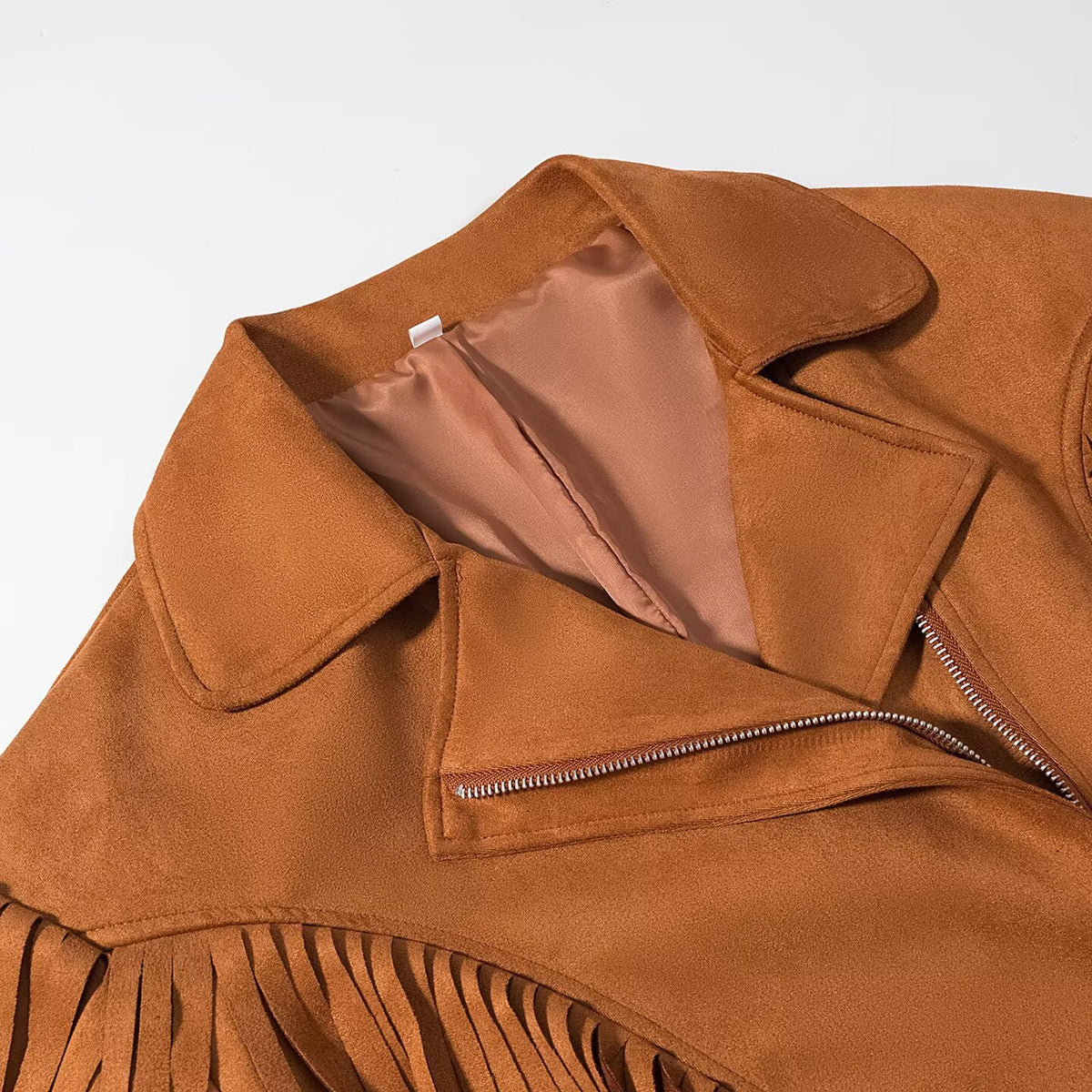 Women Short Suede Biker Jacket with Oversized Silhouette and Long Fringes Fashion Glam
