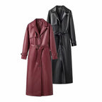 Women's Maxi Length Faux Leather Trench Coat with Wide Lapels, Back Detail, and Tie Belt Fashion Glam