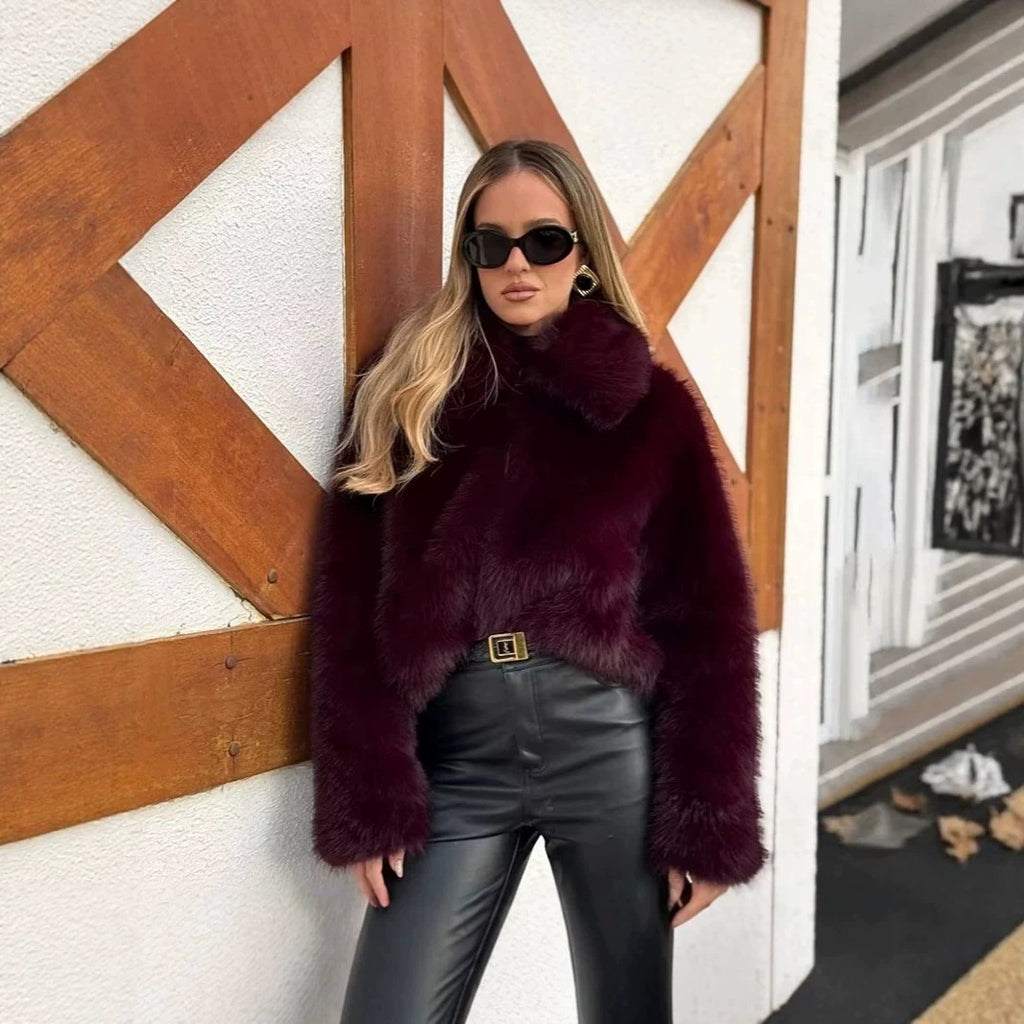 Women's Cropped Faux Fur Boxy Jacket with High Stand-Up Collar and Extra Soft Long Pile Fashion Glam