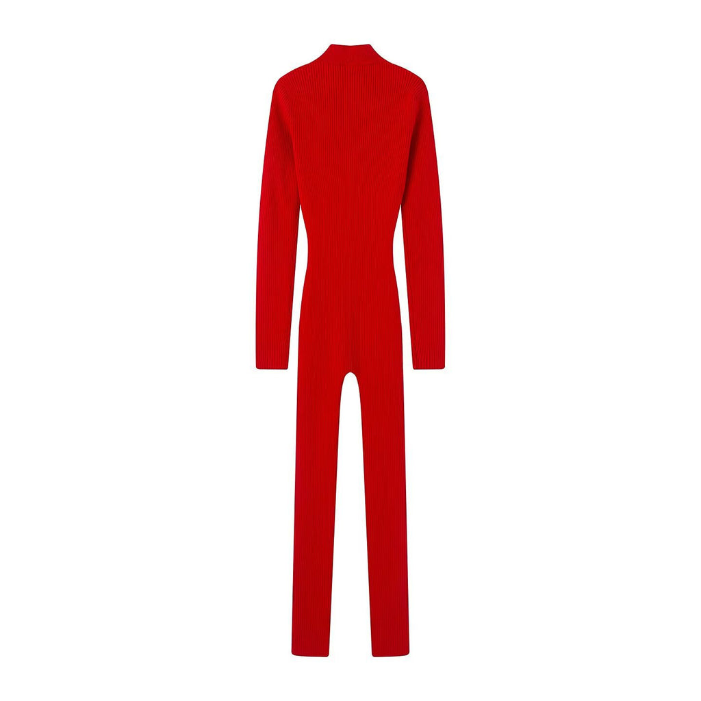 Women's Fitted Rib Knit Jumpsuit with Stand Collar, Zipper and Thumb Hole Fashion Glam
