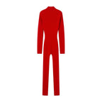 Women's Fitted Rib Knit Jumpsuit with Stand Collar, Zipper and Thumb Hole Fashion Glam