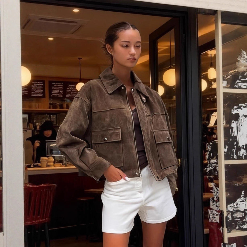 Women's short jacket in field style made of suede look with XXL pockets Fashion Glam