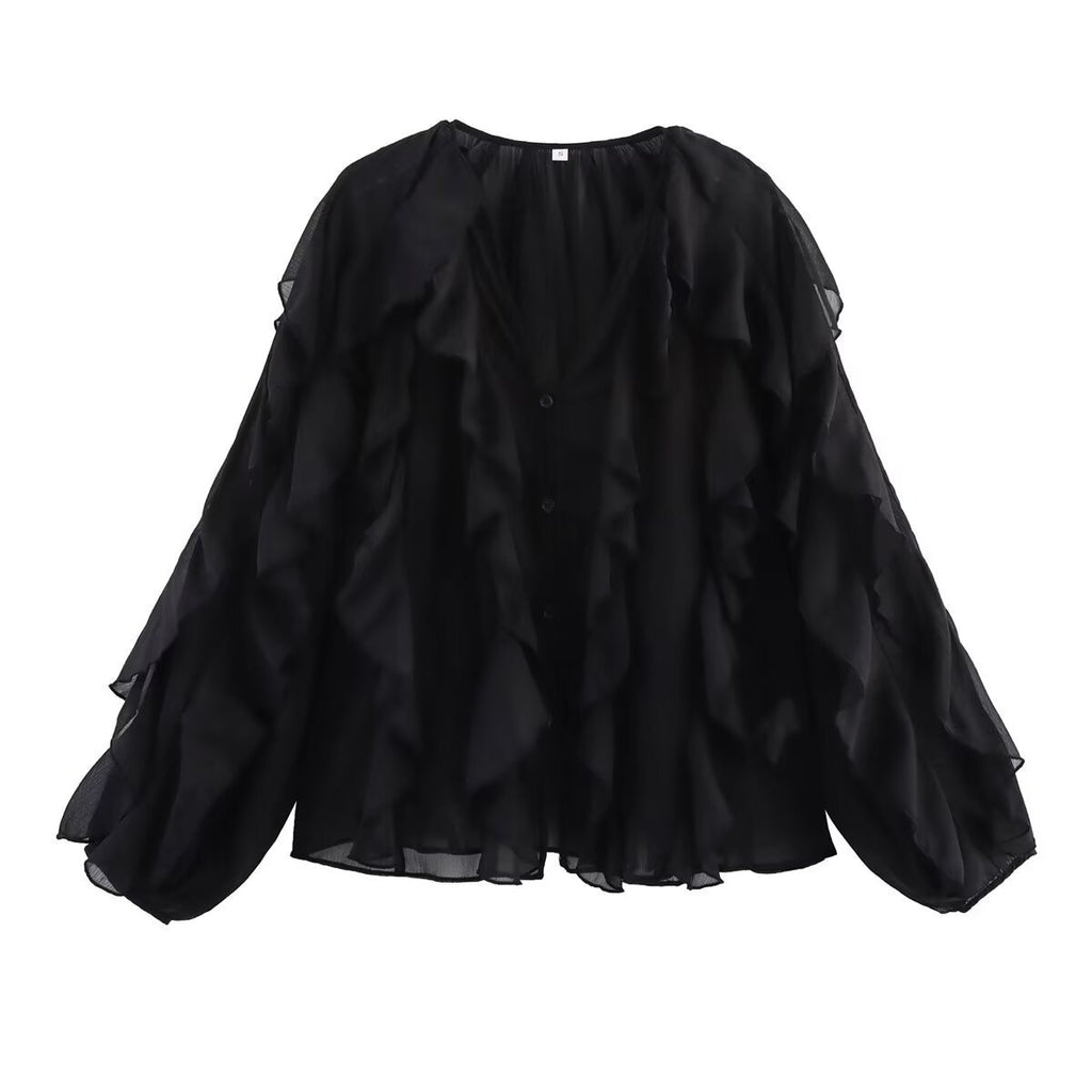 Ladies Playful Chiffon Blouse with Layered Ruffles and Button Placket Fashion Glam
