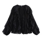 Ladies Playful Chiffon Blouse with Layered Ruffles and Button Placket Fashion Glam