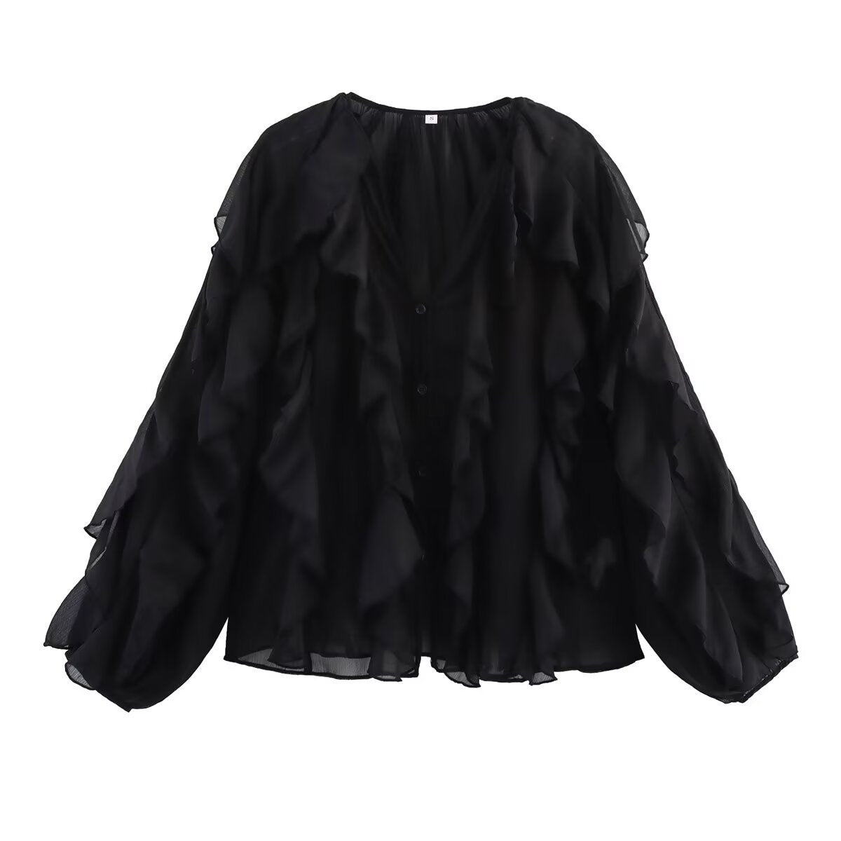 Ladies Playful Chiffon Blouse with Layered Ruffles and Button Placket Fashion Glam