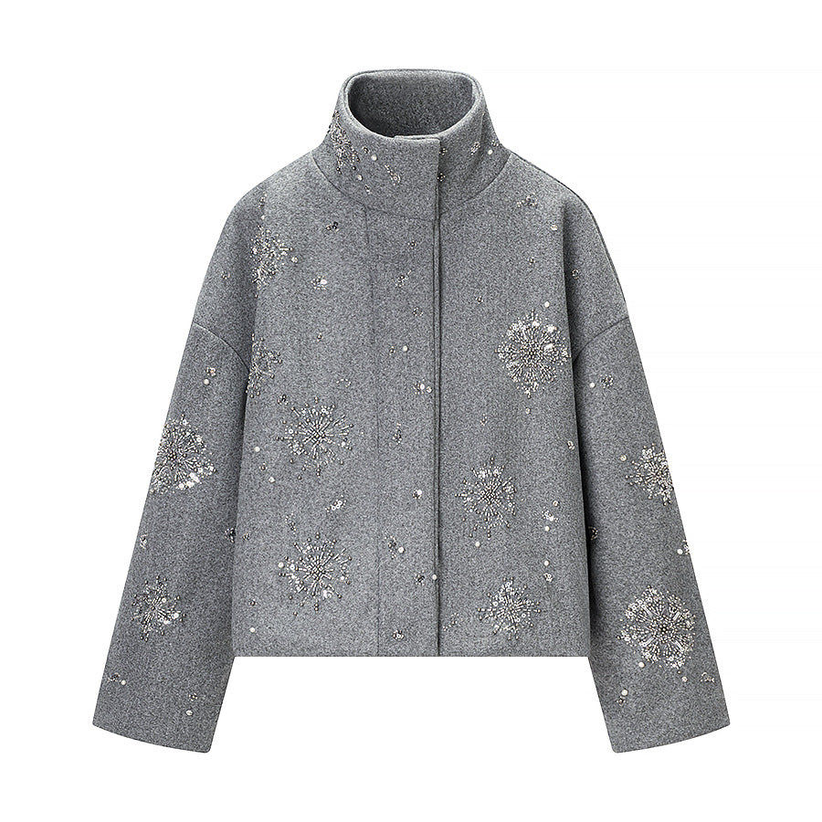 Women's Short Embroidered Wool Blend Boxy Coat with Stand Collar Fashion Glam