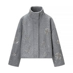 Women's Short Embroidered Wool Blend Boxy Coat with Stand Collar Fashion Glam
