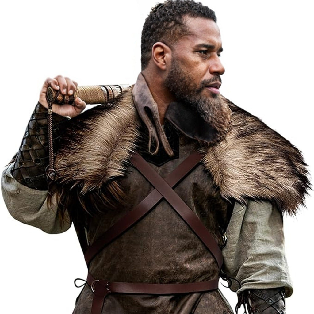 Men's Medieval Leather Jerkin with Faux Fur Shoulder Cape and Braided Arm Guards Fashion Glam