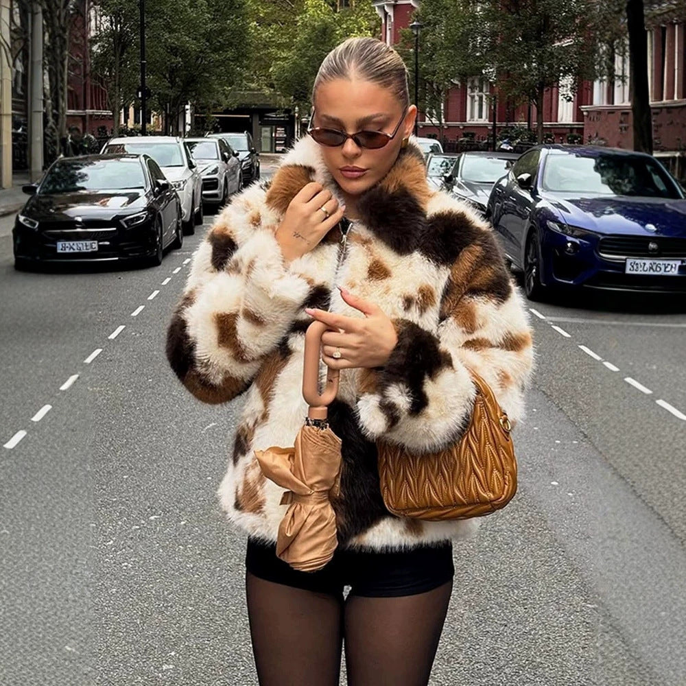 Women's Short Patchwork Faux Fur Jacket with Zipper and Boxy Silhouette Fashion Glam