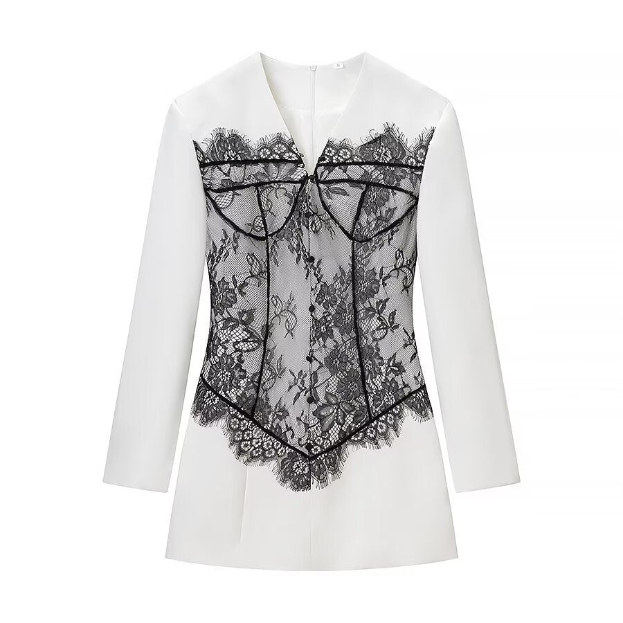 Women's Tailored Mini Dress with Corset Look and Lace Appliqué Fashion Glam