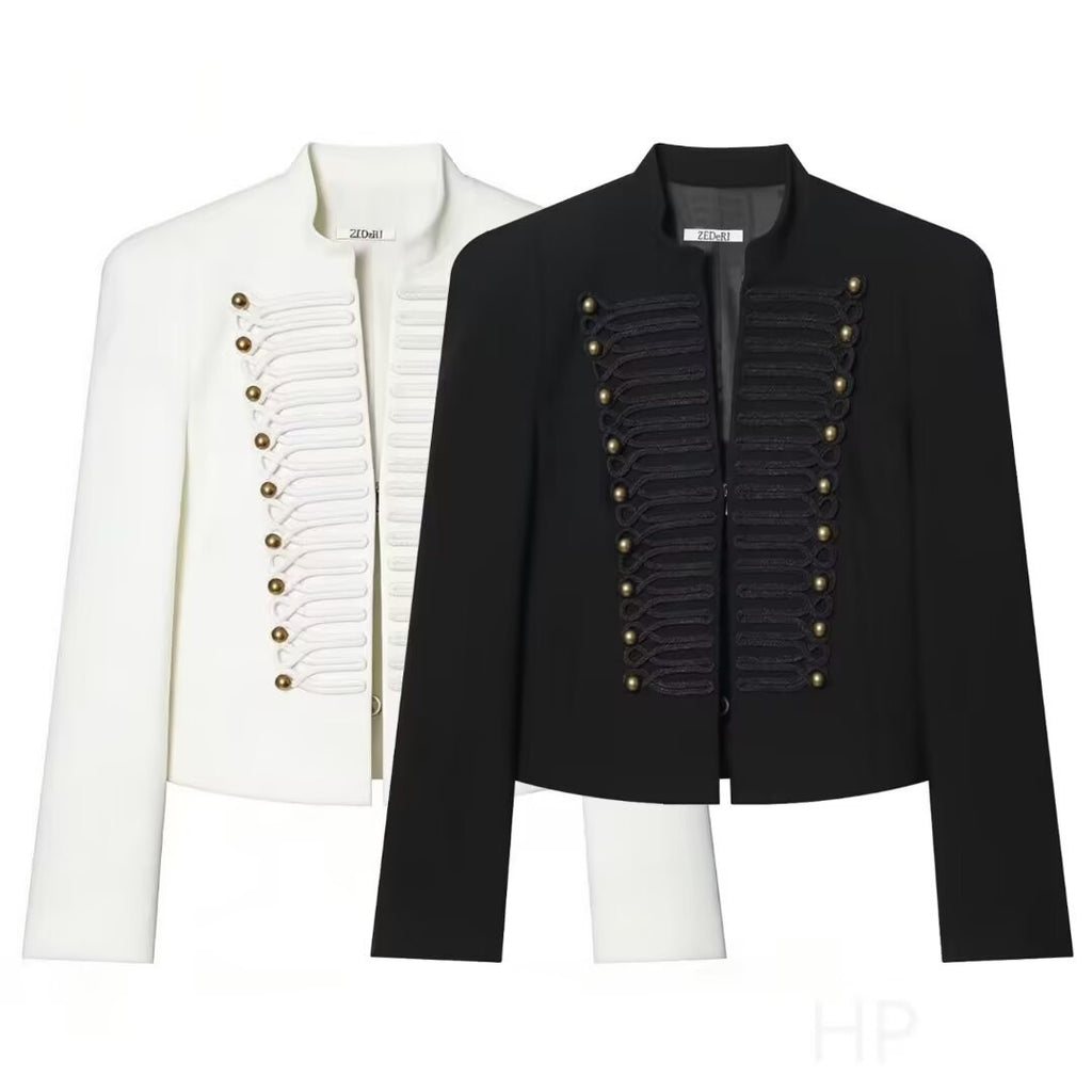 Women's Short Blazer with Military Frog Decoration and Stand-Up Collar Fashion Glam