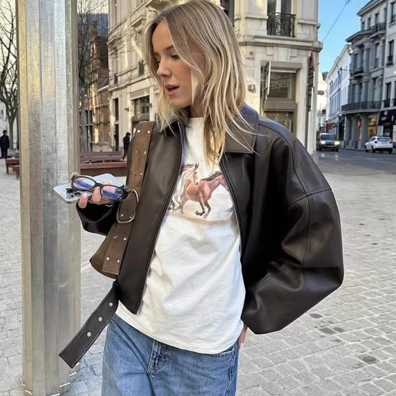 Unisex Oversize Faux Leather Jacket with Zip Shirt Collar and Waist Belt Fashion Glam