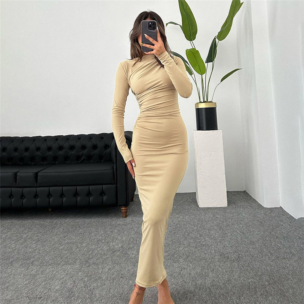 Ladies fitted maxi dress with high collar and side gathering Fashion Glam